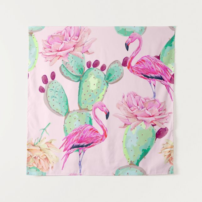 Pink flamingo, exotic birds, gentle flowers, rose, wandteppich (Vorderseite)