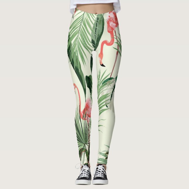Pink Flamingo Exotic Blume Muster Leggings (Vorderseite)