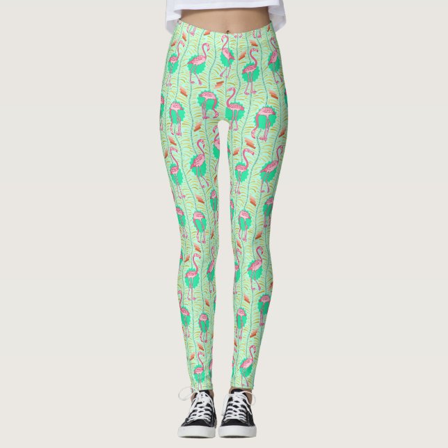 Pink Flamingo Ferns Tropical Green Summer Pattern Leggings (Vorderseite)