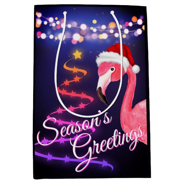 Pink Flamingo Festive Tropical Beach Weihnachten Mittlere Geschenktüte (Vorderseite)