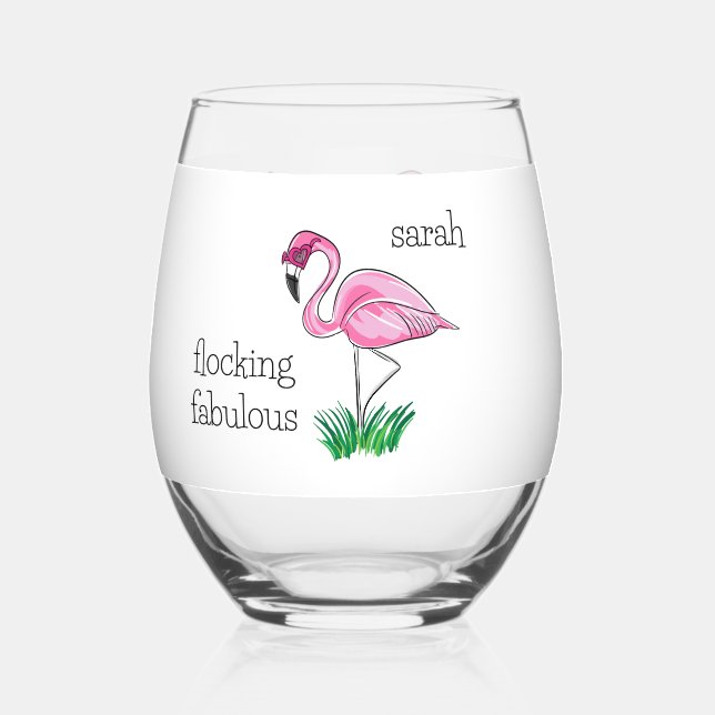 Pink Flamingo Flocking Fabulous Pink Brille Name Weinglas Ohne Stiel (Vorderseite)