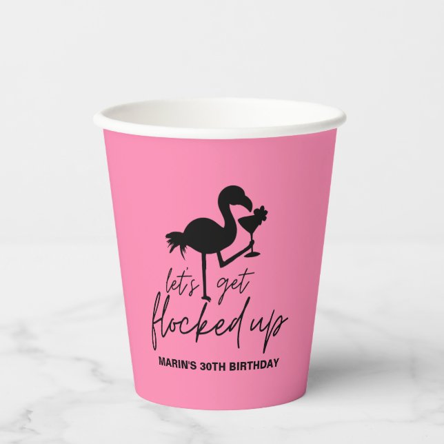 Pink Flamingo Flocking Tropical Birthday Pappbecher (Vorderseite)