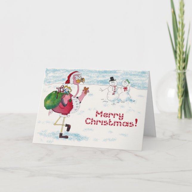 Pink Flamingo Frohe Weihnachten Snowman Santa Card (Vorderseite)