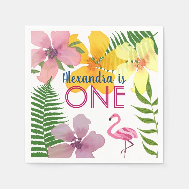 Pink Flamingo Girl 1. Geburtstag Serviette (Vorderseite)