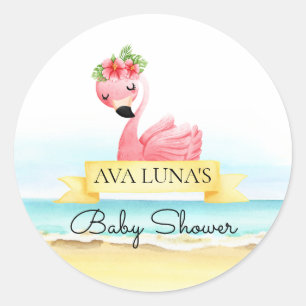 Pink Flamingo Girl Babydusche Runder Aufkleber