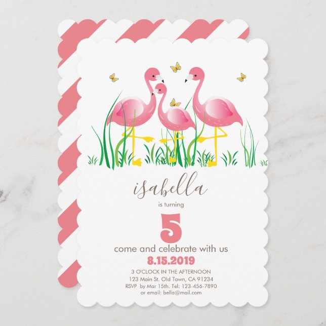 Pink Flamingo Girl Geburtstagseinladung Einladung (Vorne/Hinten)