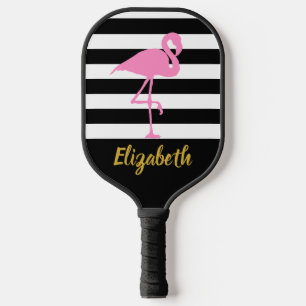 Pink Flamingo Gold Script Name Schwarz-weiß Stripe Pickleball Schläger