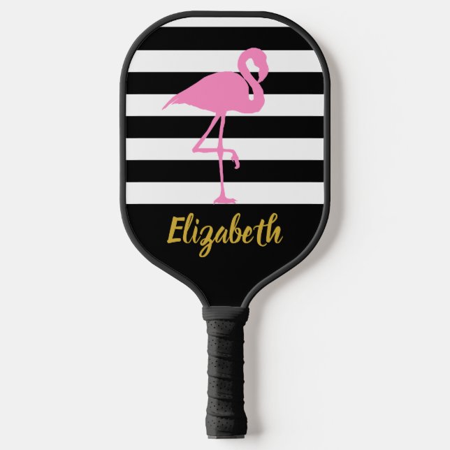 Pink Flamingo Gold Script Name Schwarz-weiß Stripe Pickleball Schläger (Vorderseite)