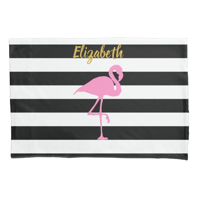 Pink Flamingo Gold Script Schwarz-weiße Streifen Kissenbezug (Vorderseite)