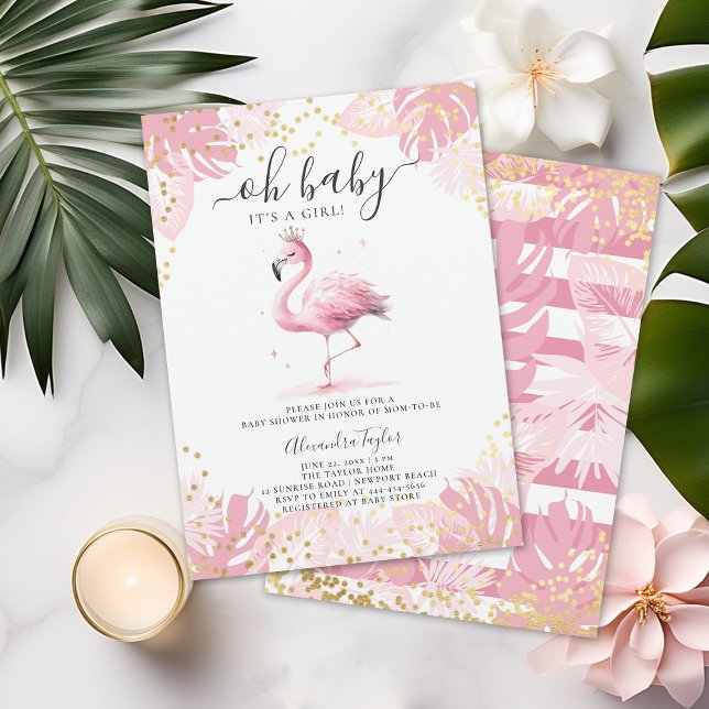 Pink Flamingo Gold Tiara Tropical Girl Baby Dusche Einladung (pink flamingo baby girl shower invitation cute watercolor tropical invite gold stripes polka dots)