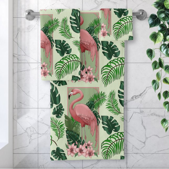 Pink Flamingo Green Blätter Lily Badhandtuch Set (Von Creator hochgeladen)