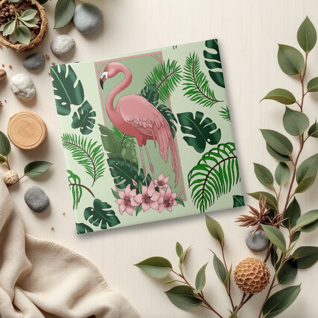Pink Flamingo Green Blätter Lily Fliese (Von Creator hochgeladen)