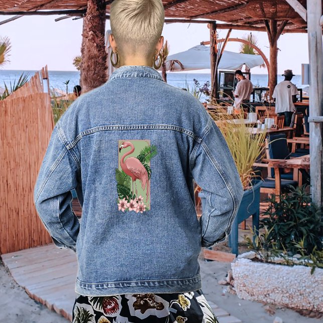 Pink Flamingo Green Blätter Lily Jeansjacke (Von Creator hochgeladen)