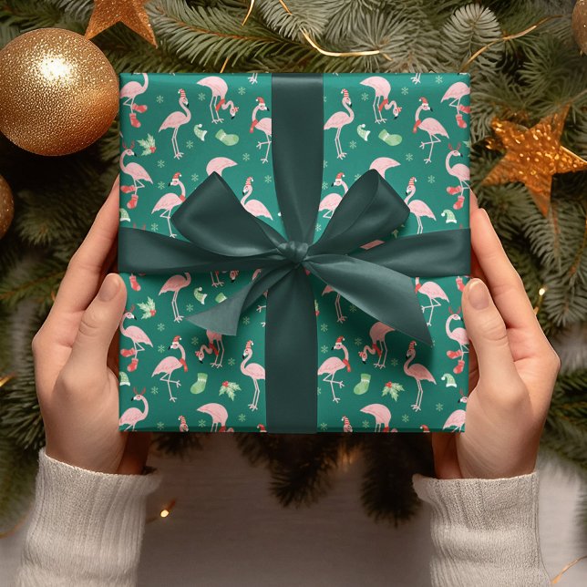 Pink Flamingo Green Weihnachtsfeiertag Muster Geschenkpapier (Von Creator hochgeladen)