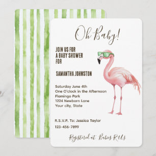 Pink Flamingo Green White Stripes Baby Dusche Einladung