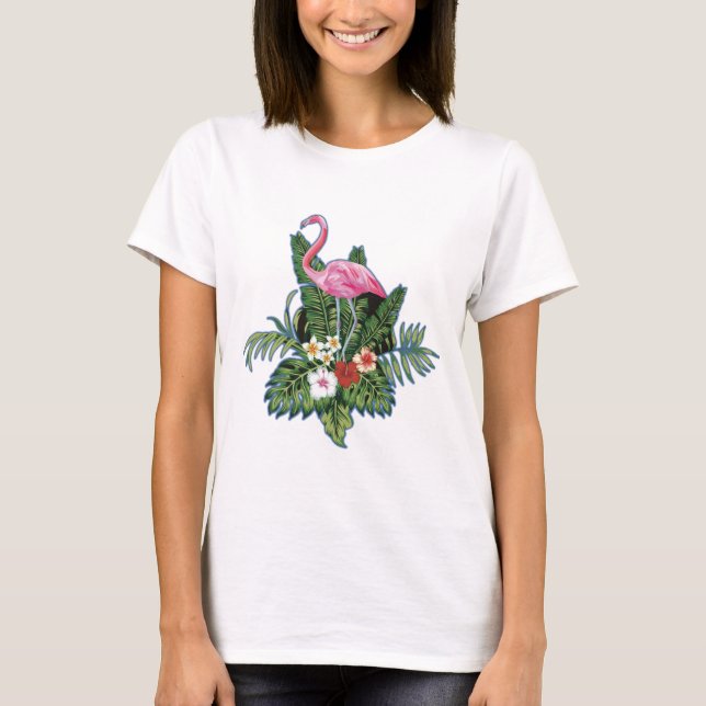 Pink flamingo, hand painted, green leaves, T-Shirt (Vorderseite)