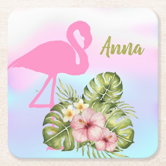Pink Flamingo Hibiskus Holographic Rechteckiger Pappuntersetzer (Vorderseite)