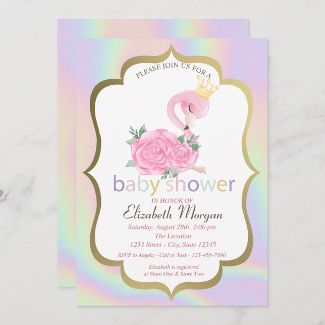 Pink Flamingo, Holographic Baby Shower Einladung (Vorne/Hinten)