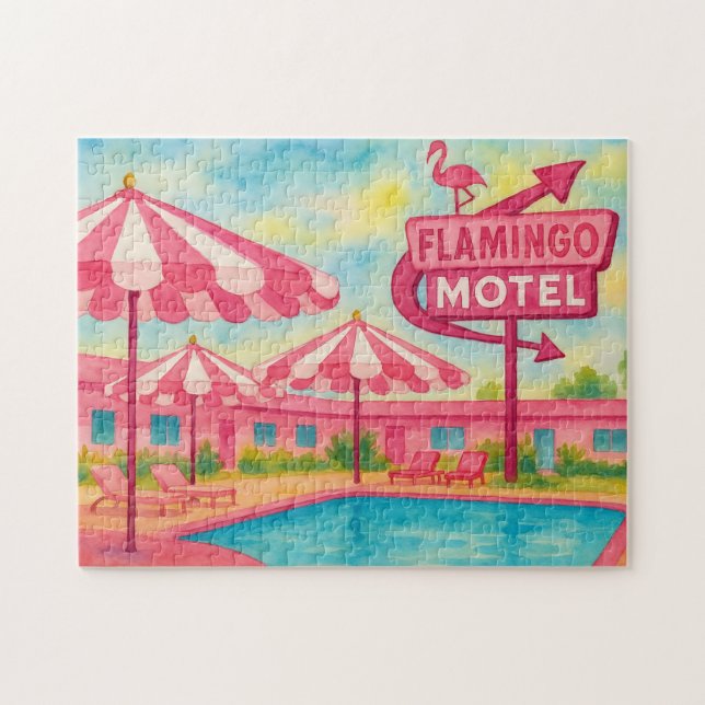 Pink Flamingo Hotel Pool Beach Summer Vibes Puzzle (Horizontal)