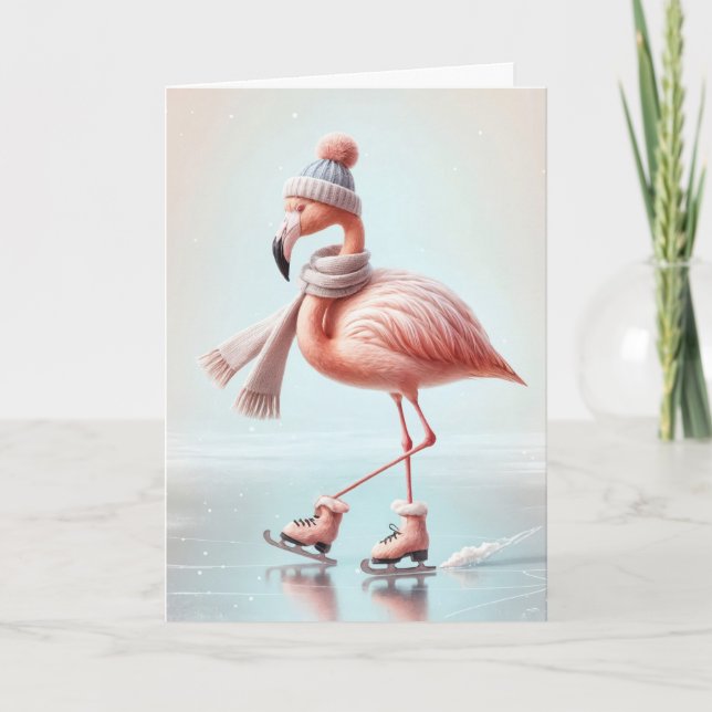 Pink Flamingo Ice Skaten Karte (Vorderseite)