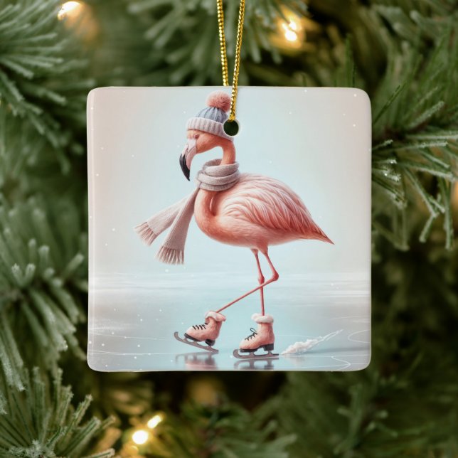 Pink Flamingo Ice Skaten Keramikornament (Baum)