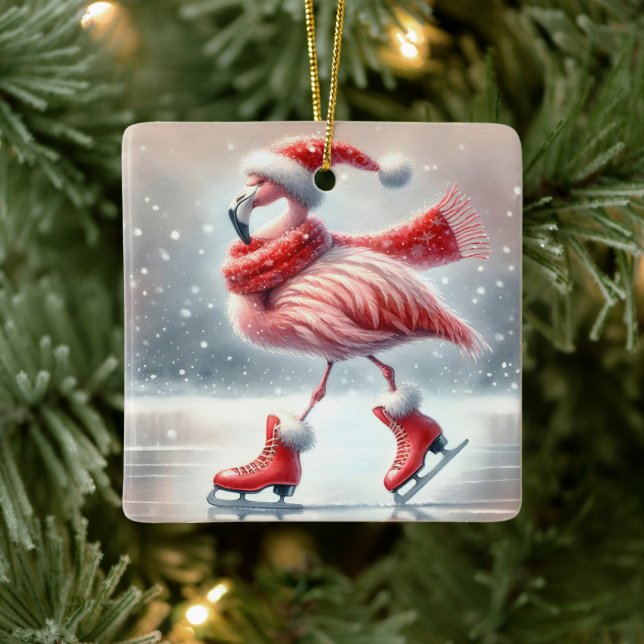 Pink Flamingo Ice Skaten Keramikornament (Baum)