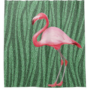 Pink Flamingo Illustration Tropical Bird Green Duschvorhang