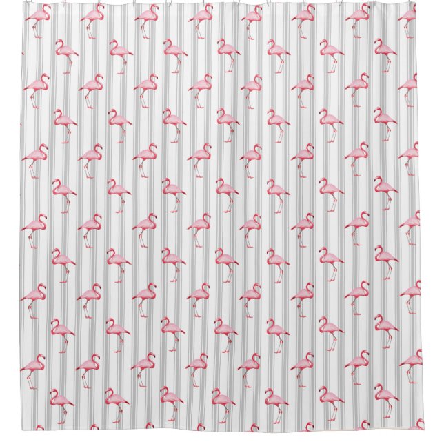 Pink Flamingo Illustration Tropischer Muster Strei Duschvorhang (Vorderseite)
