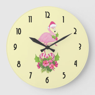 Pink Flamingo in Santa Hat Whimsical Christmas Große Wanduhr