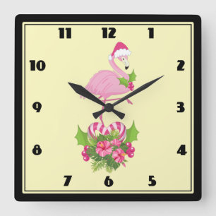 Pink Flamingo in Santa Hat Whimsical Christmas Quadratische Wanduhr