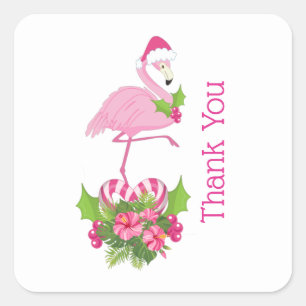 Pink Flamingo in Weihnachtsmannmütze Whimsical Dan Quadratischer Aufkleber