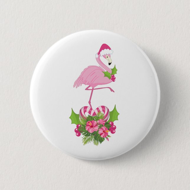 Pink Flamingo in Weihnachtsmannmütze Whimsisches W Button (Vorderseite)