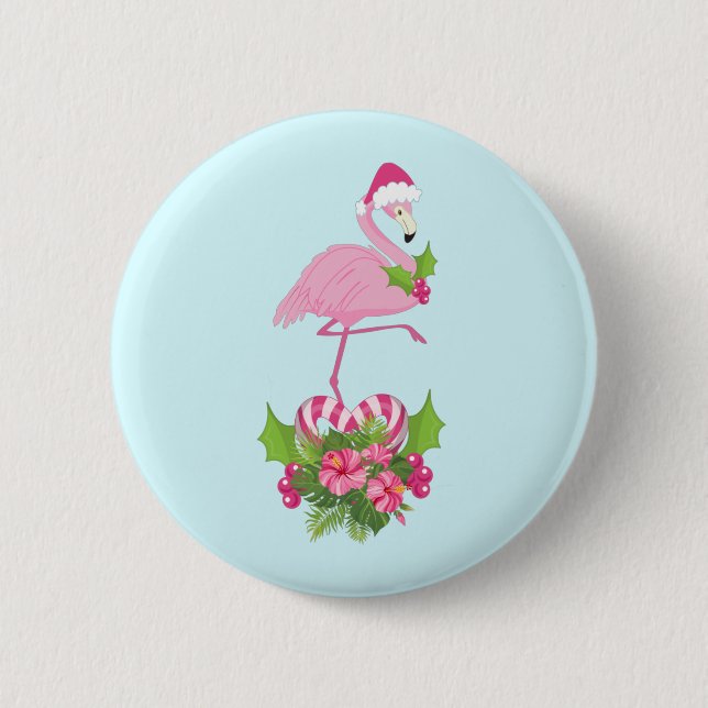Pink Flamingo in Weihnachtsmannmütze Whimsisches W Button (Vorderseite)