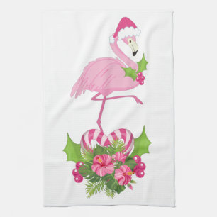 Pink Flamingo in Weihnachtsmannmütze Whimsisches W Geschirrtuch
