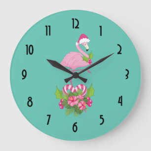 Pink Flamingo in Weihnachtsmannmütze Whimsisches W Große Wanduhr