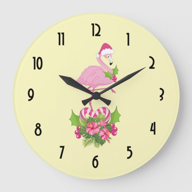 Pink Flamingo in Weihnachtsmannmütze Whimsisches W Große Wanduhr (Vorderseite)