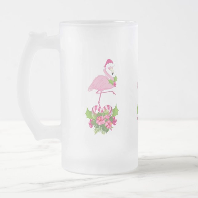 Pink Flamingo in Weihnachtsmannmütze Whimsisches W Mattglas Bierglas (Links)