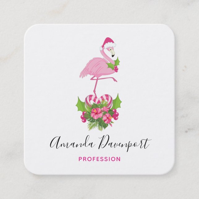 Pink Flamingo in Weihnachtsmannmütze Whimsisches W Quadratische Visitenkarte (Vorderseite)