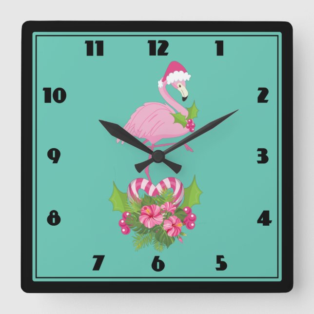 Pink Flamingo in Weihnachtsmannmütze Whimsisches W Quadratische Wanduhr (Vorderseite)