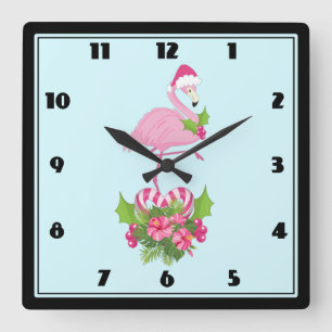 Pink Flamingo in Weihnachtsmannmütze Whimsisches W Quadratische Wanduhr