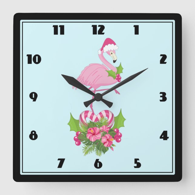 Pink Flamingo in Weihnachtsmannmütze Whimsisches W Quadratische Wanduhr (Vorderseite)