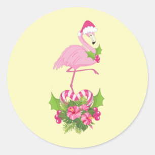 Pink Flamingo in Weihnachtsmannmütze Whimsisches W Runder Aufkleber