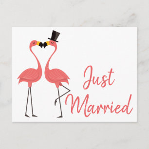 Pink Flamingo Just Married Tropical Wedding Liebe Ankündigungspostkarte