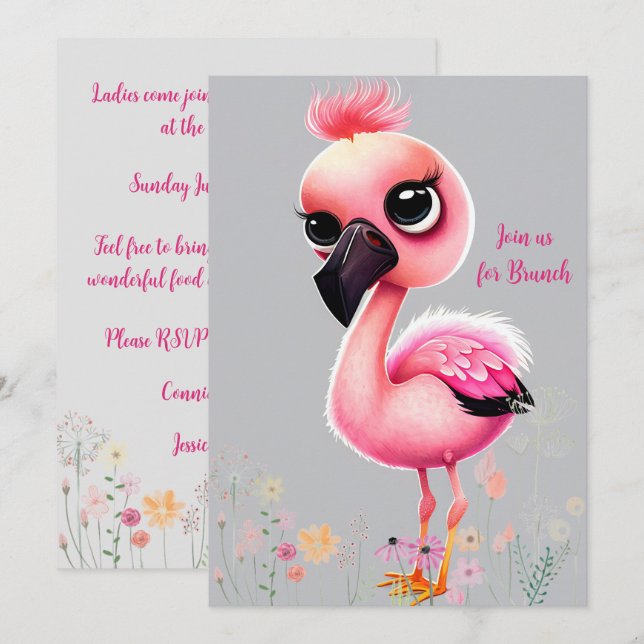 Pink Flamingo Ladys Brunch Einladung (Vorne/Hinten)