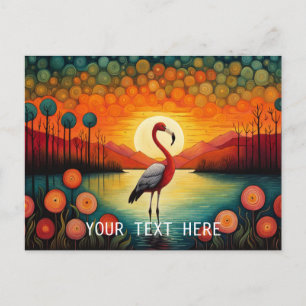 Pink Flamingo Lake Sunset Colorful Floral Postkarte