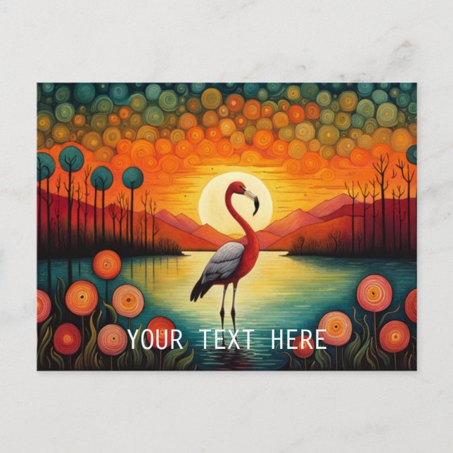 Pink Flamingo Lake Sunset Colorful Floral Postkarte (Vorderseite)