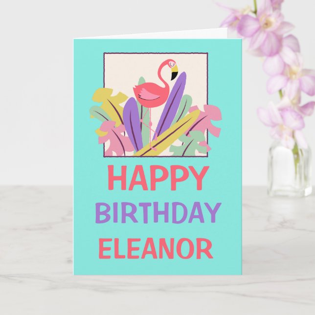 Pink Flamingo Leaf Name Happy Birthday Card Karte (Orchidee)