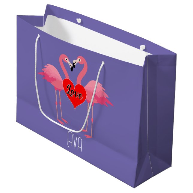 Pink Flamingo Liebe Design - Geschenktasche - Groß Große Geschenktüte (Vorderseite Schrägansicht)