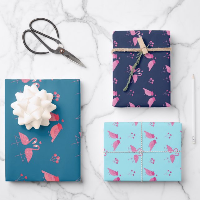 Pink Flamingo Love Birds Muster Valentinstag Geschenkpapier Set (Vorderseite)