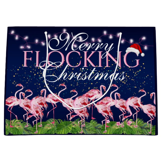 Pink Flamingo Merry Flocking Weihnachts Flamingos Große Geschenktüte (Vorderseite)